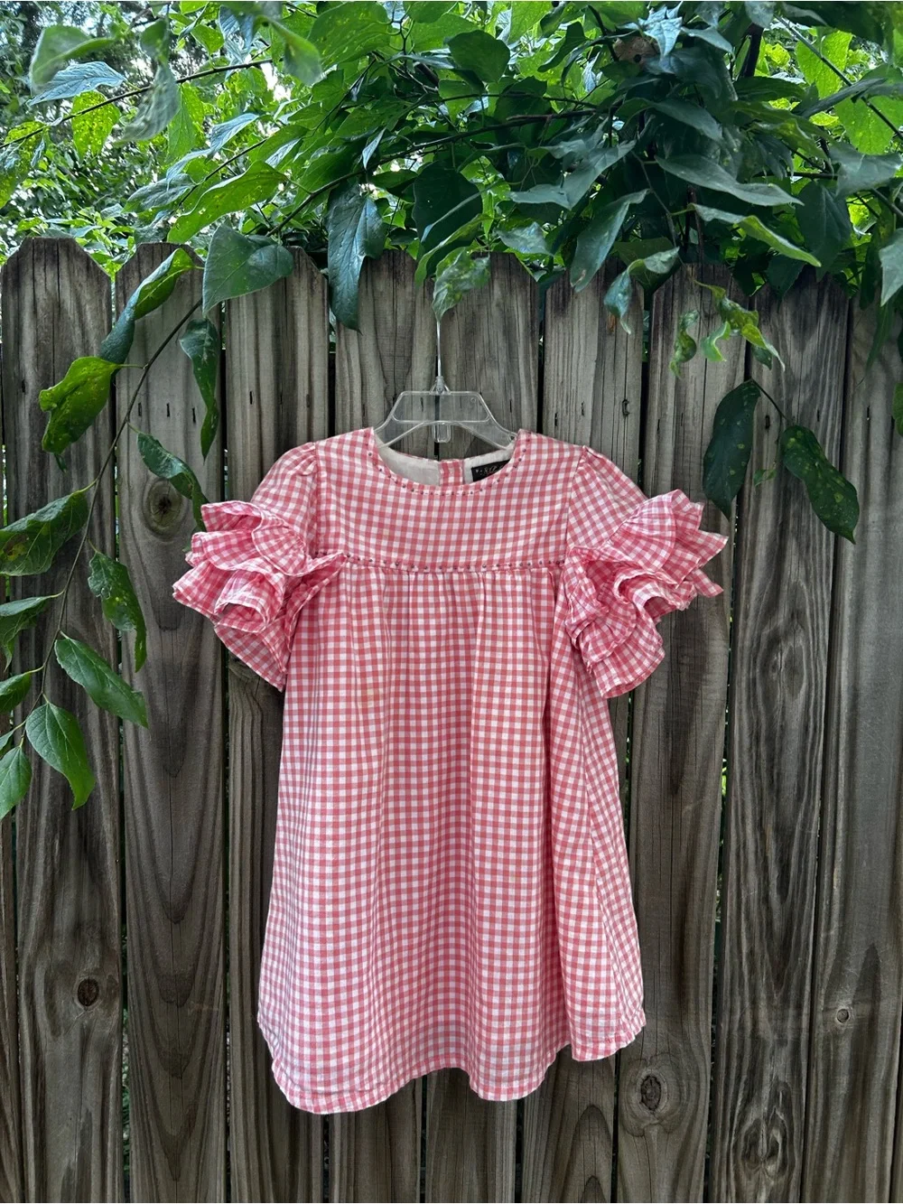 Velveteen Pink Gingham Ruffle-Sleeve Casual Dress
